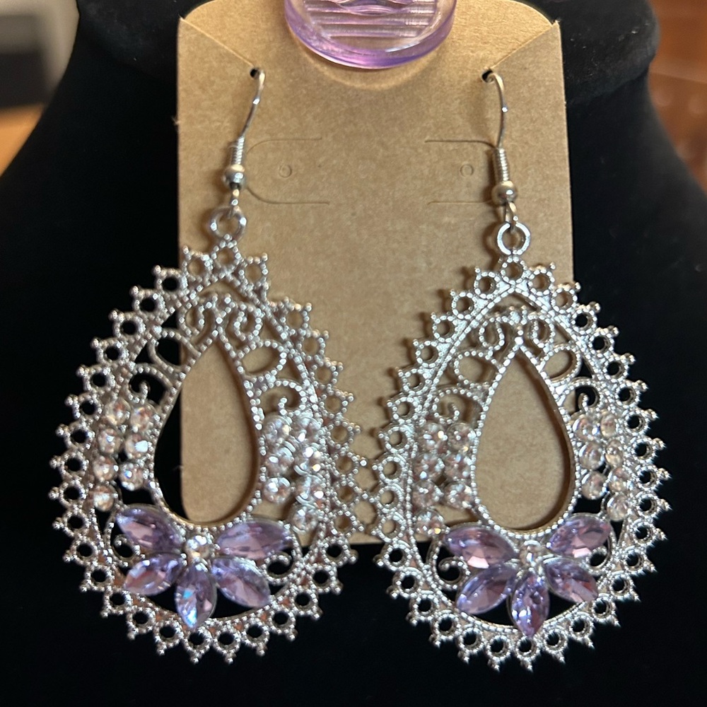 Sliver & Purple Teardrop Earrings - Picture 3 of 5